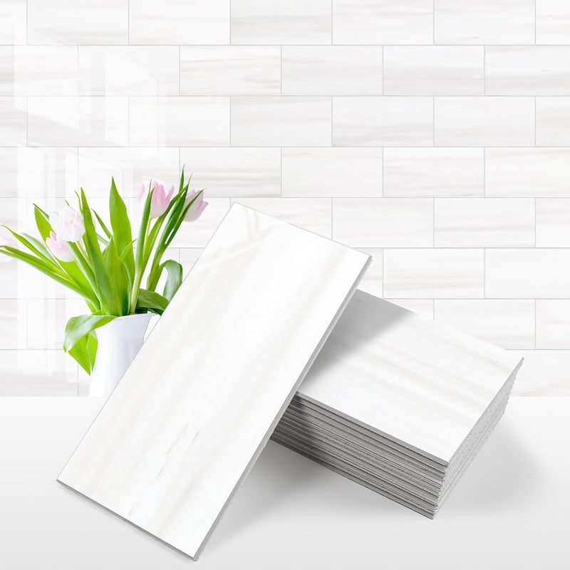 Vamos Tile 100-Piece Glossy Dolomite White Peel and Stick Backsplash Tile,3''x6'' PVC Subway Tile with White Grout, Stick on Backsplash for Kitchen/Bathroom/Fireplace - Image 1